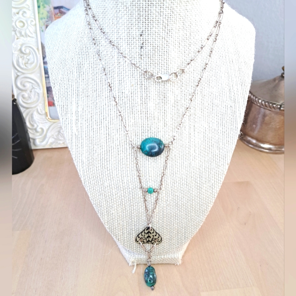 VTG Paperclip Link ART DECO X Native Amer Style Art Long 36" Turquoise Necklace
